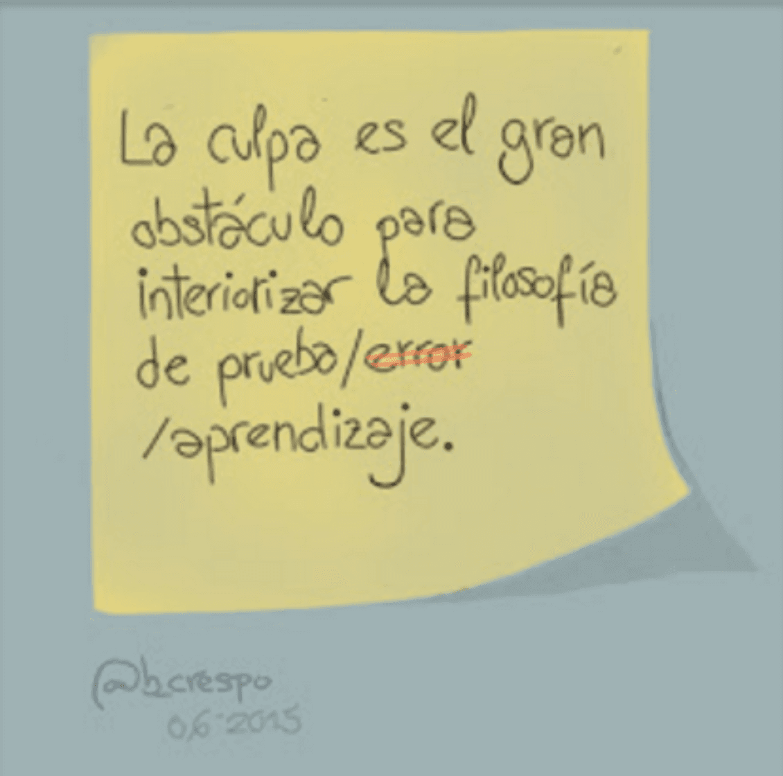 Handwritten note by Bernardo Crespo, written in Spanish — Learning #28: “Guilt is the great obstacle to internalising the trial/error/learning philosophy”