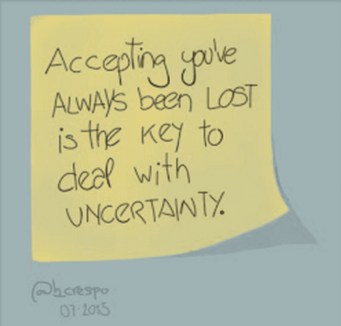 Handwritten note by Bernardo Crespo, written by hand in English on a yellow sticky note — Learning #31: “Accepting you’ve ALWAYS been LOST is the KEY to deal with UNCERTAINTY”