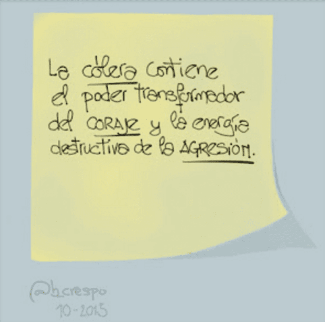 Handwritten note by Bernardo Crespo, written in Spanish — Learning #43: “Anger holds the transformative power of courage and the destructive energy of aggression”