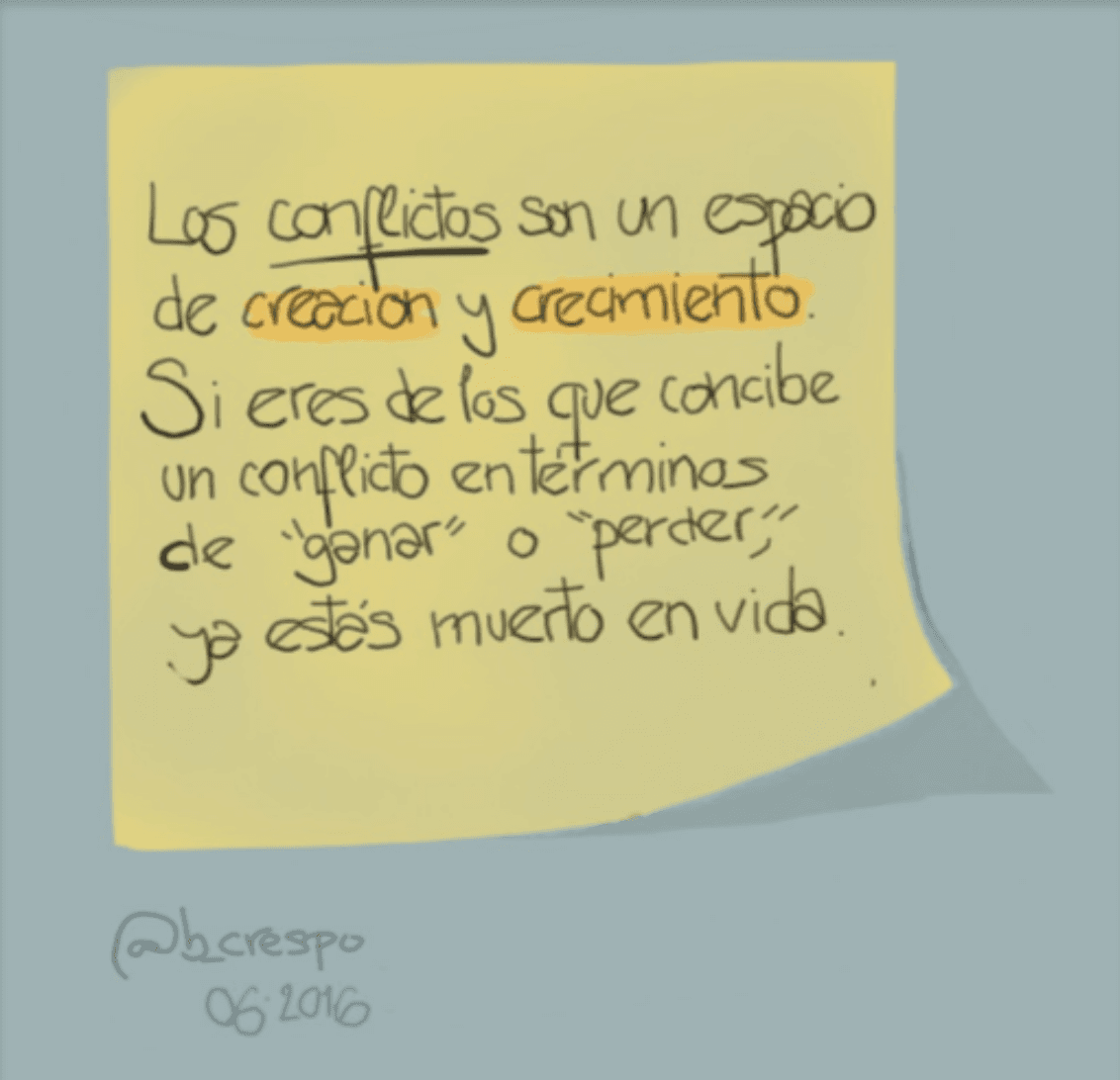 Handwritten note by Bernardo Crespo, written in Spanish — Learning #48: “On growing through CONFLICT:”