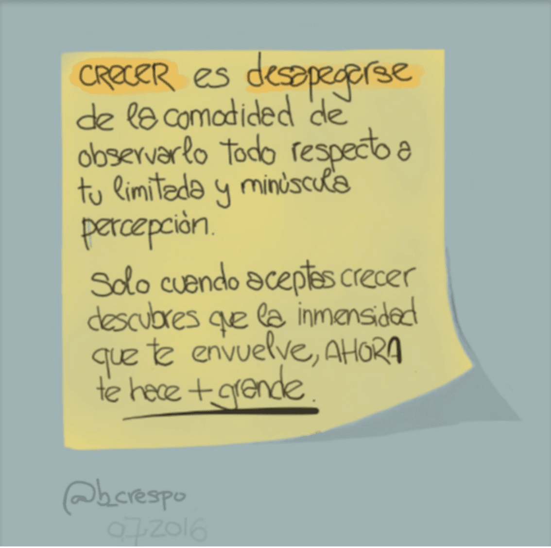 Handwritten note by Bernardo Crespo, written in Spanish — Learning #52: “Growing means letting go of the comfort of looking at everything through your own limited, minuscule…”